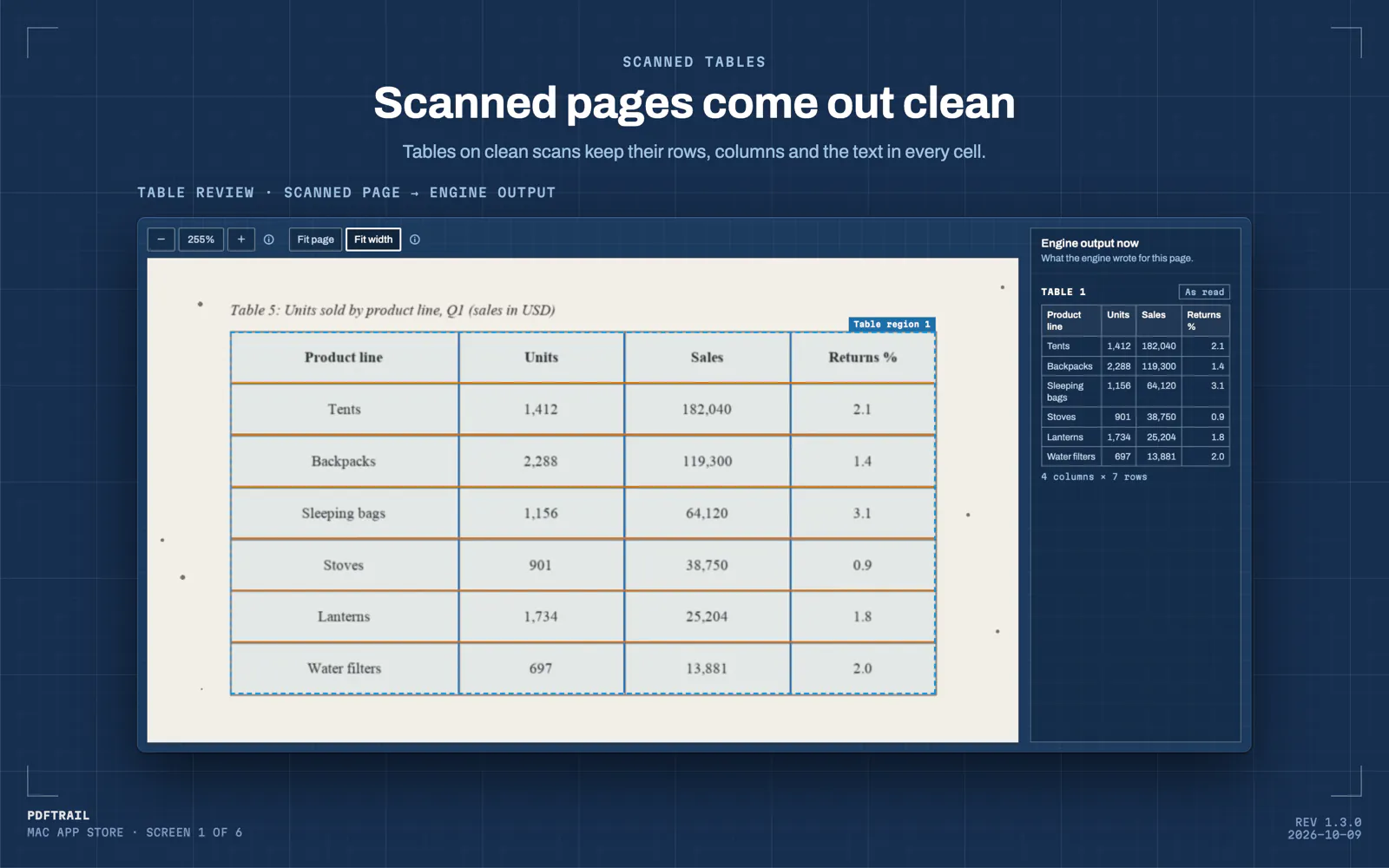 Scanned pages come out clean. PDFTrail Table Review shows a scanned page of a sales table next to the engine output, with the same rows, columns and text in every cell.