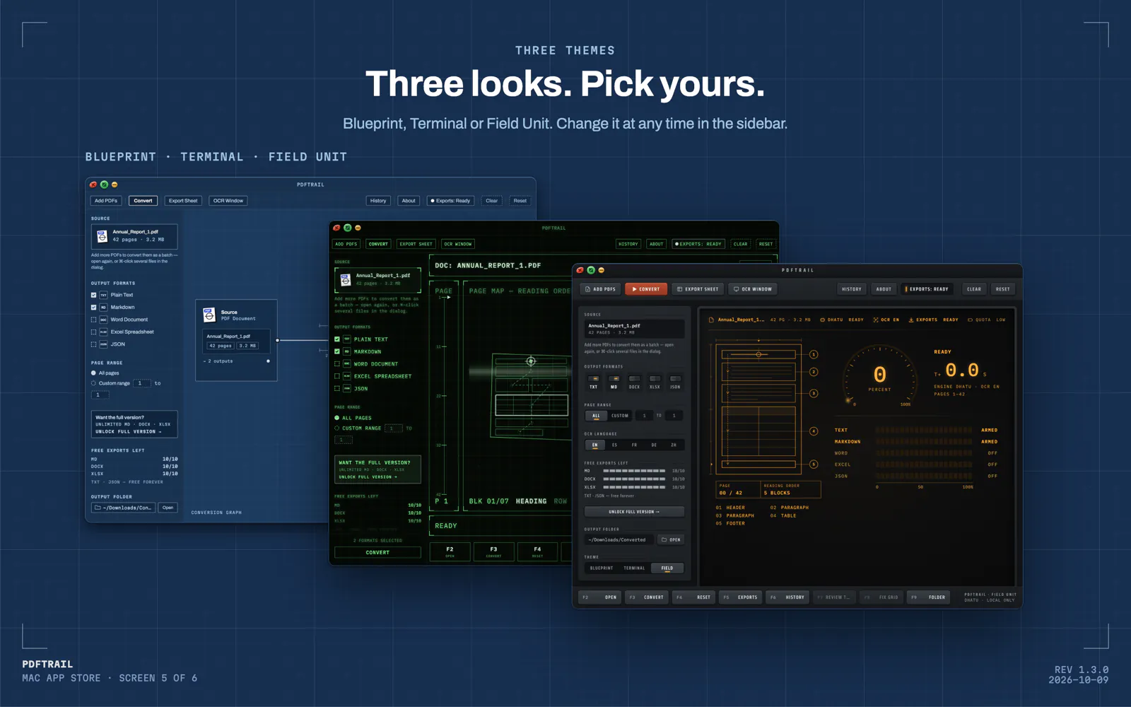 Three looks. Pick yours. The same PDFTrail window, with one document ready to convert, in the Blueprint, Terminal and Field Unit themes.